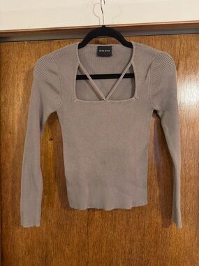 Michi Muse Taupe Ribbed Long-Sleeve Sweater with Square Neck